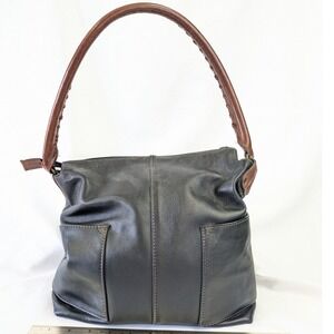 Sundance Black Leather Hobo Bag Brown Braided Strap Brass Feet Two Tone Handbag